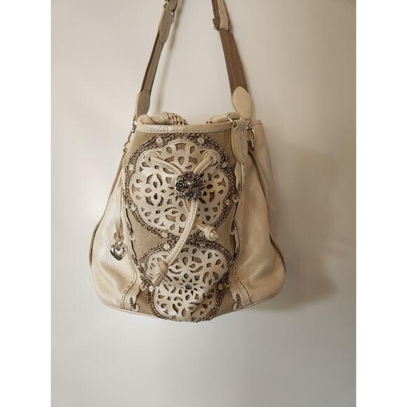 BRIGHTON NICHOLA MASTERPIECE COLL. PEARL WHITE LEATHER CROSSBODY BUCKET … - Picture 1 of 8